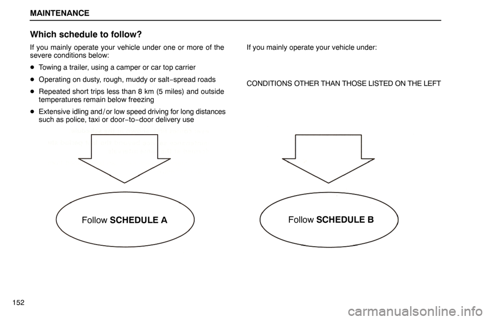 Lexus ES300 1995  Maintenance MAINTENANCE
152
Which schedule to follow?
If you mainly operate your vehicle under one or more of the
severe conditions below:
Towing a trailer, using a camper or car top carrier
Operating on dusty,