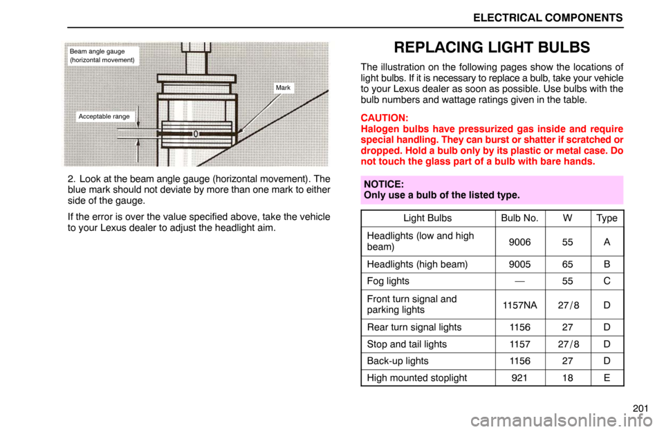 Lexus ES300 1995 Electrical Components ELECTRICAL COMPONENTS
201
Acceptable range
Mark
Beam angle gauge
(horizontal movement)
2. Look at the beam angle gauge (horizontal movement). The
blue mark should not deviate by more than one mark to Lexus ES300 1995 Electrical Components ELECTRICAL COMPONENTS
201
Acceptable range
Mark
Beam angle gauge
(horizontal movement)
2. Look at the beam angle gauge (horizontal movement). The
blue mark should not deviate by more than one mark to
