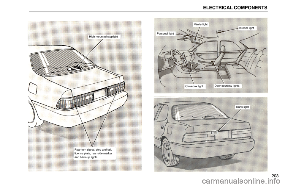 Lexus ES300 1995 Electrical Components ELECTRICAL COMPONENTS
203
Rear turn signal, stop and tail,
license plate, rear side marker
and back-up lights
High mounted stoplight
Vanity lightInterior light
Glovebox lightDoor courtesy lights
Perso Lexus ES300 1995 Electrical Components ELECTRICAL COMPONENTS
203
Rear turn signal, stop and tail,
license plate, rear side marker
and back-up lights
High mounted stoplight
Vanity lightInterior light
Glovebox lightDoor courtesy lights
Perso