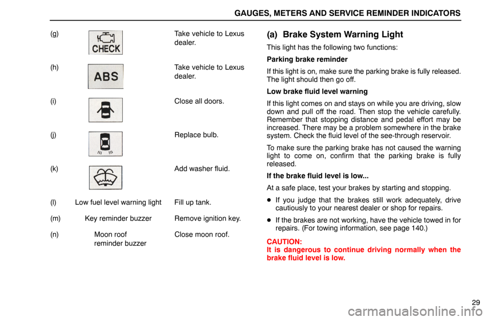 Lexus ES300 1994  Gauges, Meters And Service Reminder Indicators GAUGES, METERS AND SERVICE REMINDER INDICATORS
29 (g) Take vehicle to Lexus
dealer.
(h) Take vehicle to Lexus
dealer.
(i) Close all doors.
(j) Replace bulb.
(k) Add washer fluid.
(l) Low fuel level wa