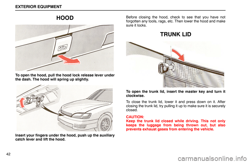 Lexus ES300 1994  Exterior Equipment EXTERIOR EQUIPMENT
42
HOOD
To open the hood, pull the hood lock release lever under
the dash. The hood will spring up slightly.
Insert your fingers under the hood, push up the auxiliary
catch lever an