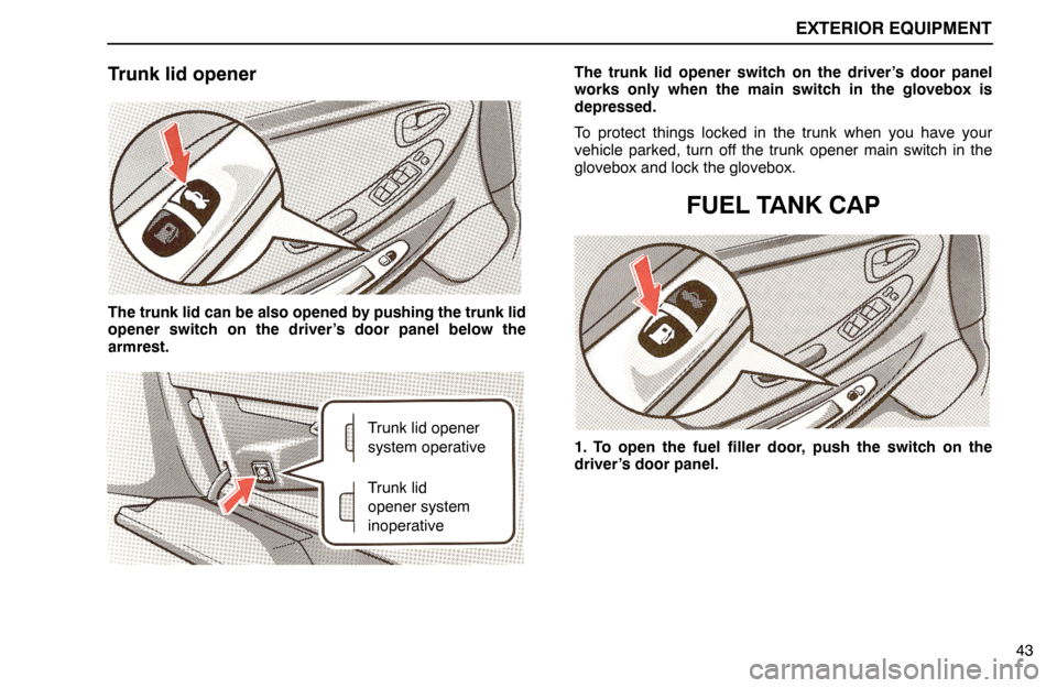 Lexus ES300 1994  Exterior Equipment EXTERIOR EQUIPMENT
43
Trunk lid opener
The trunk lid can be also opened by pushing the trunk lid
opener switch on the driver’s door panel below the
armrest.
Trunk lid opener
system operative
Trunk l