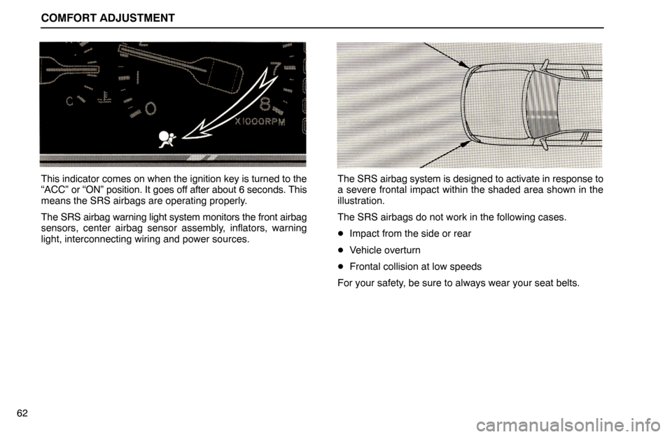 Lexus ES300 1994  Comfort Adjustment COMFORT ADJUSTMENT
62
This indicator comes on when the ignition key is turned to the
“ACC” or “ON” position. It goes off after about 6 seconds. This
means the SRS airbags are operating properl