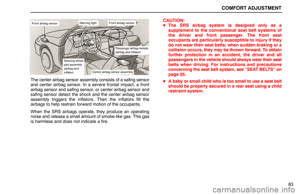 Lexus ES300 1994  Comfort Adjustment COMFORT ADJUSTMENT
63
Front airbag sensorWarning lightFront airbag sensor
Passenger airbag module
(airbag and inflator)
Center airbag sensor assembly
Steering wheel
pad assembly
(airbag and
inflator)
