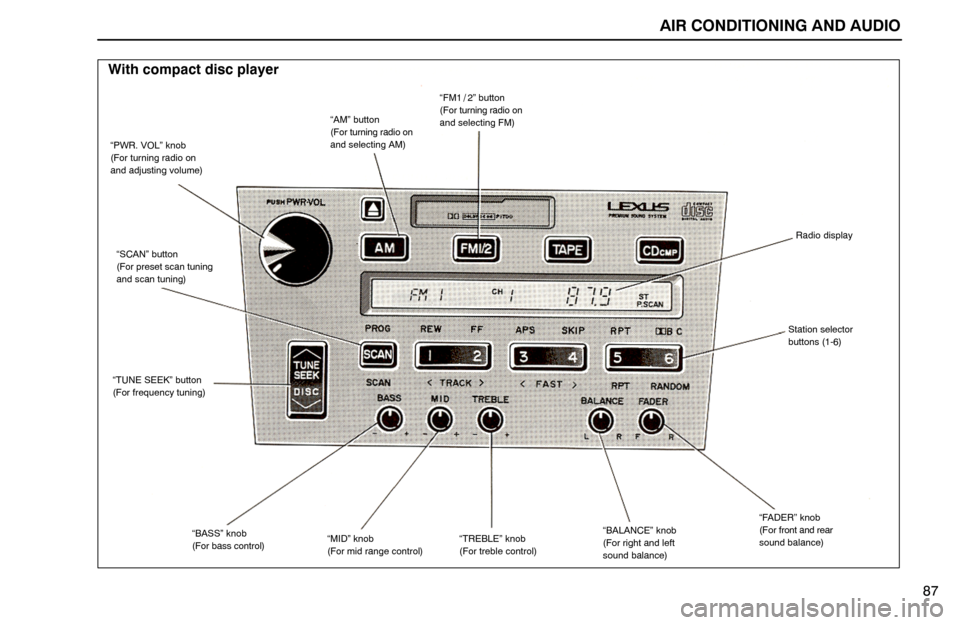 Lexus ES300 1994 Air Conditioning And Audio AIR CONDITIONING AND AUDIO
With compact disc player
“PWR. VOL” knob
(For turning radio on
and adjusting volume)
“AM” button
(For turning radio on
and selecting AM)
“FM1 / 2” button
(For tu Lexus ES300 1994 Air Conditioning And Audio AIR CONDITIONING AND AUDIO
With compact disc player
“PWR. VOL” knob
(For turning radio on
and adjusting volume)
“AM” button
(For turning radio on
and selecting AM)
“FM1 / 2” button
(For tu
