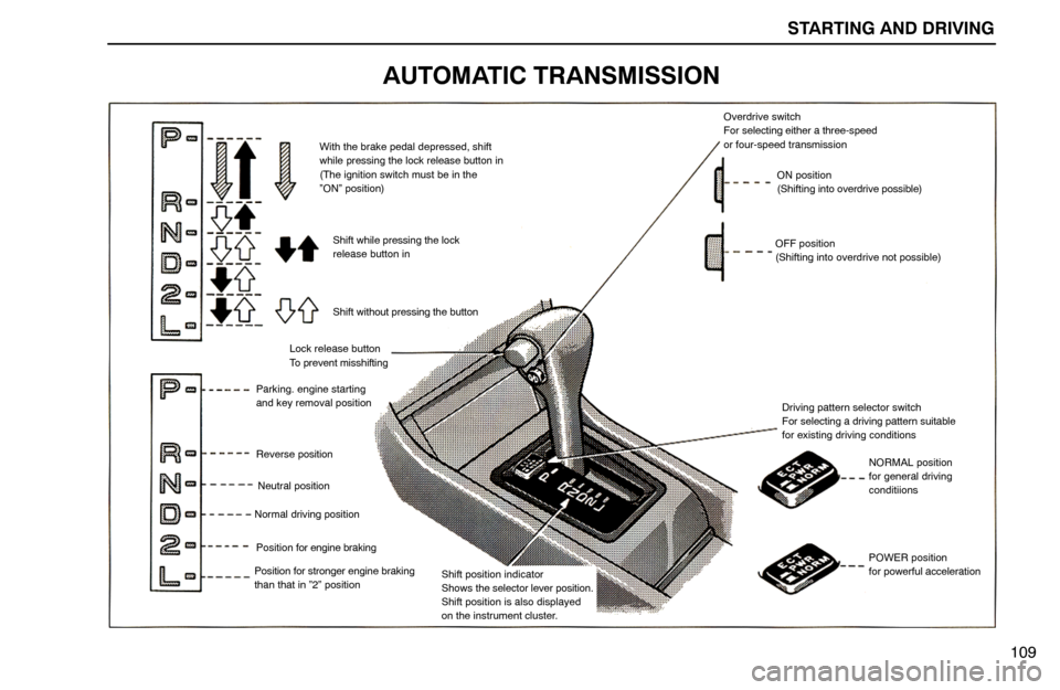 Lexus ES300 1994  Starting And Driving STARTING AND DRIVING
With the brake pedal depressed, shift
while pressing the lock release button in
(The ignition switch must be in the
”ON” position)
Shift while pressing the lock
release button