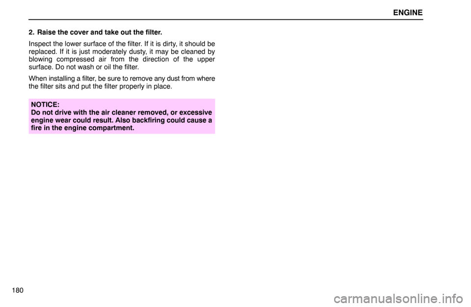 Lexus ES300 1994  Engine ENGINE
1802. Raise the cover and take out the filter.
Inspect the lower surface of the filter. If it is dirty, it should be
replaced. If it is just moderately dusty, it may be cleaned by
blowing compr