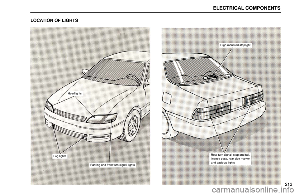 Lexus ES300 1994  Electrical Components ELECTRICAL COMPONENTS
Headlights
Fog lights
Parking and front turn signal lights
High mounted stoplight
Rear turn signal, stop and tail,
license plate, rear side marker
and back-up lights
213 LOCATION