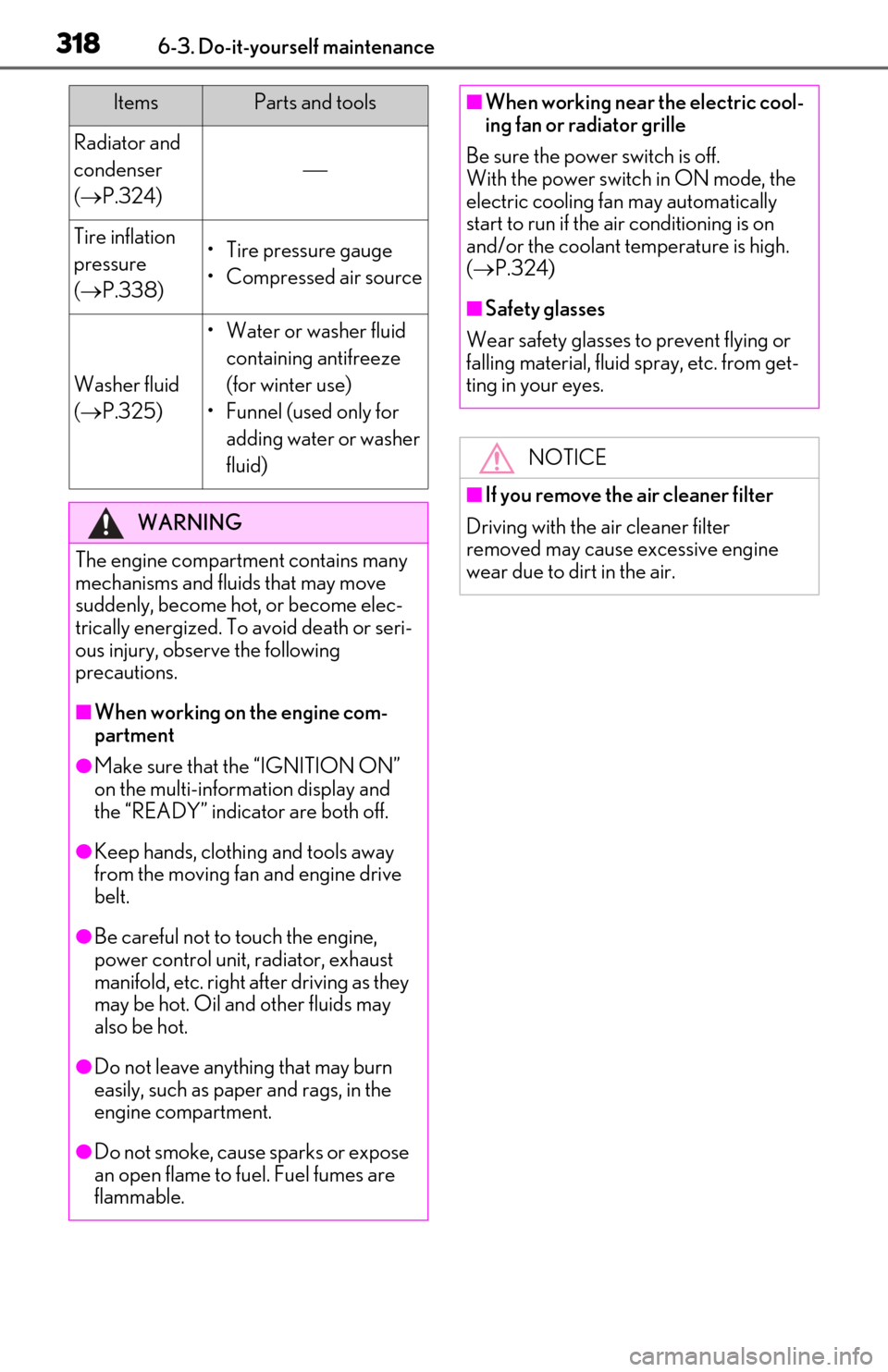 Lexus ES300h 2020  Owners Manual 3186-3. Do-it-yourself maintenance
Radiator and 
condenser 
( P.324)

Tire inflation 
pressure 
( P.338)• Tire pressure gauge
• Compressed air source
Washer fluid 
( P.325)
• Water o