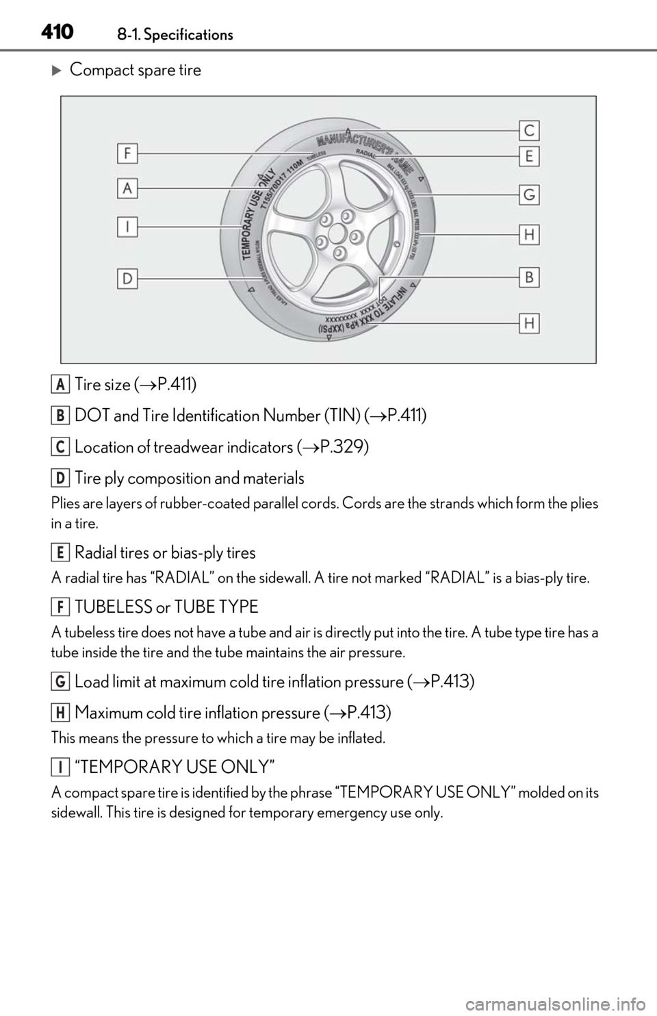 Lexus ES300h 2020 Owners Guide 4108-1. Specifications
Compact spare tireTire size ( P.411)
DOT and Tire Identification Number (TIN) ( P.411)
Location of treadwear indicators ( P.329)
Tire ply composition and materials
P