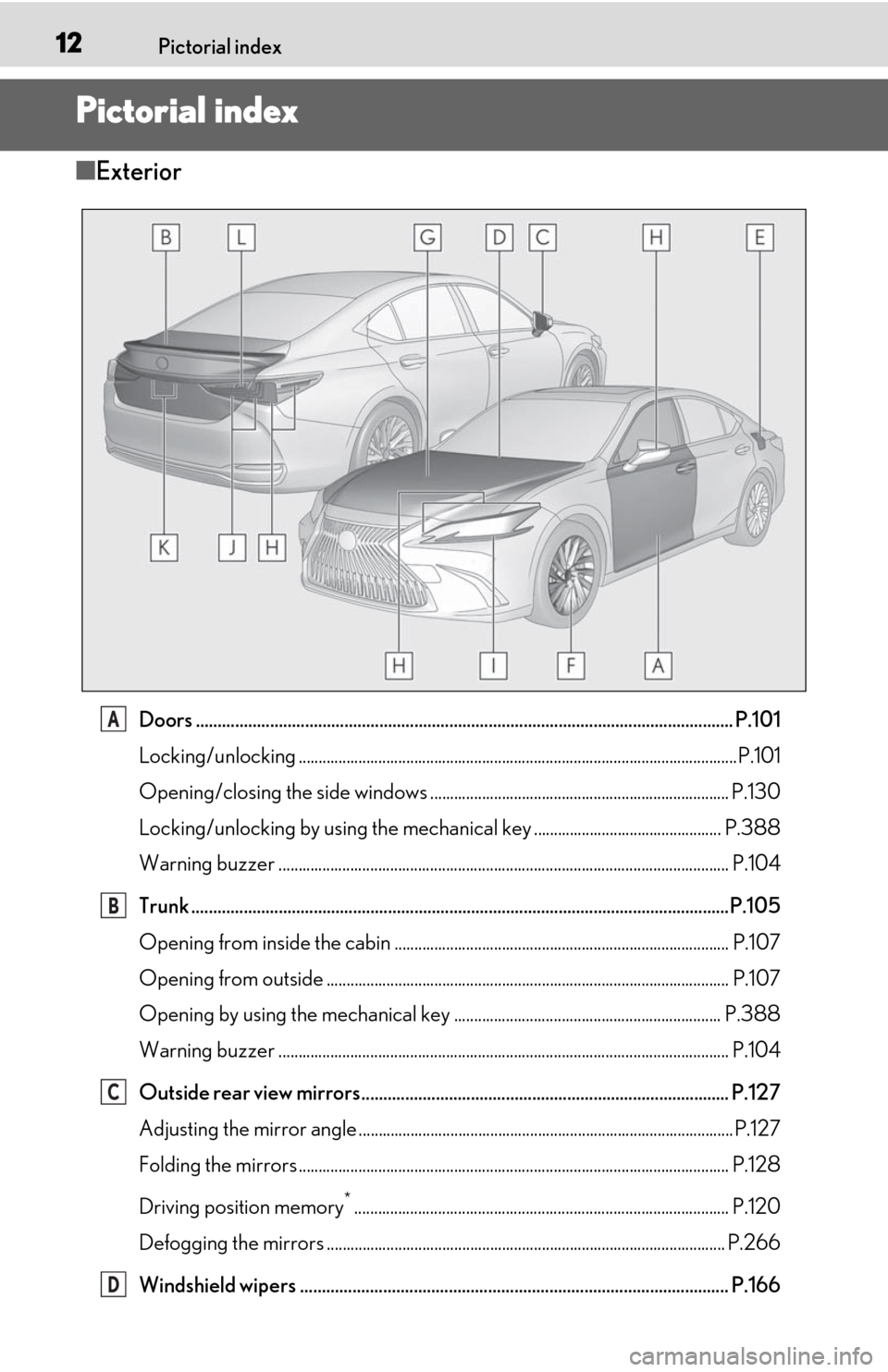 Lexus ES300h 2020 (OM06196U) User Guide 12Pictorial index
Pictorial index
■Exterior
Doors .......................................................................................................................... .P.101
Locking/unlocking Lexus ES300h 2020 (OM06196U) User Guide 12Pictorial index
Pictorial index
■Exterior
Doors .......................................................................................................................... .P.101
Locking/unlocking