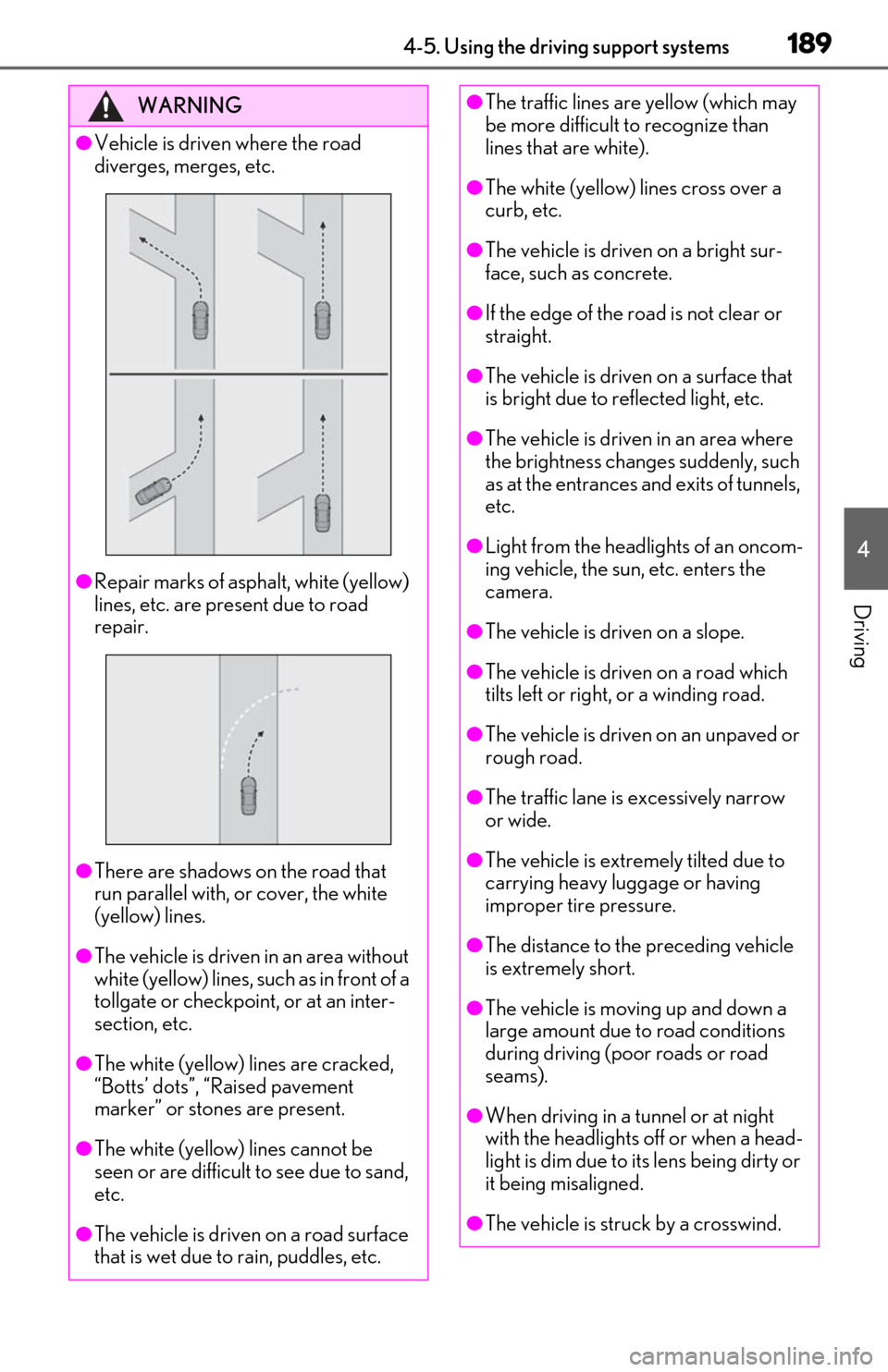 Lexus ES300h 2020 Owners Manual (OM06196U) 1894-5. Using the driving support systems
4
Driving
WARNING
●Vehicle is driven where the road
diverges, merges, etc.
●Repair marks of asphalt, white (yellow)
lines, etc. are present due to road Lexus ES300h 2020 Owners Manual (OM06196U) 1894-5. Using the driving support systems
4
Driving
WARNING
●Vehicle is driven where the road
diverges, merges, etc.
●Repair marks of asphalt, white (yellow)
lines, etc. are present due to road