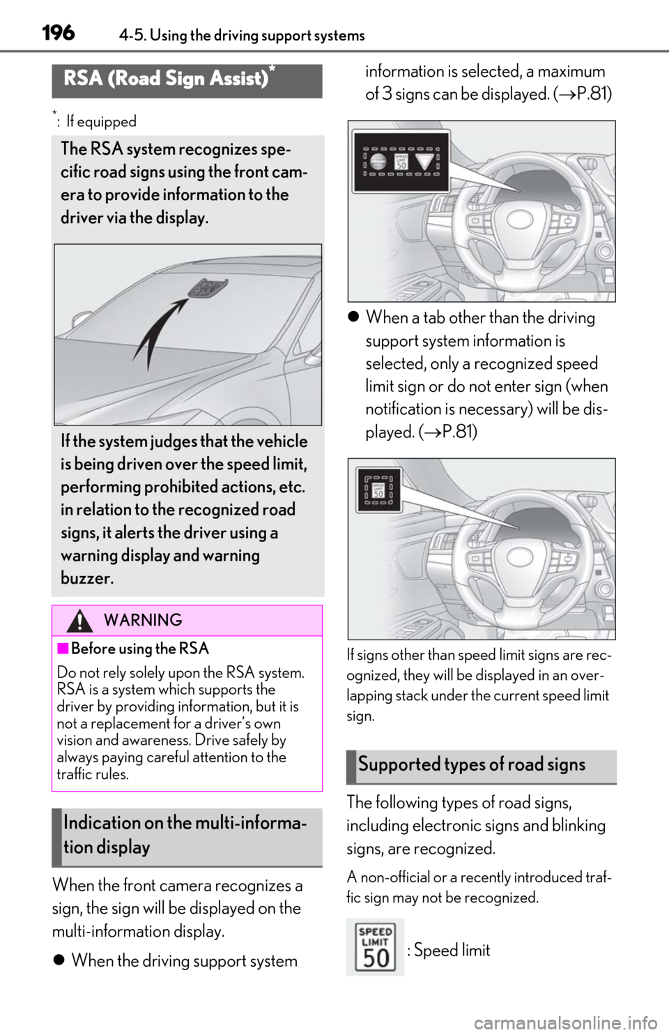Lexus ES300h 2020 Owners Manual (OM06196U) 1964-5. Using the driving support systems
*: If equipped
When the front camera recognizes a
sign, the sign will be displayed on the
multi-information display.
When the driving support system inf Lexus ES300h 2020 Owners Manual (OM06196U) 1964-5. Using the driving support systems
*: If equipped
When the front camera recognizes a
sign, the sign will be displayed on the
multi-information display.
When the driving support system inf