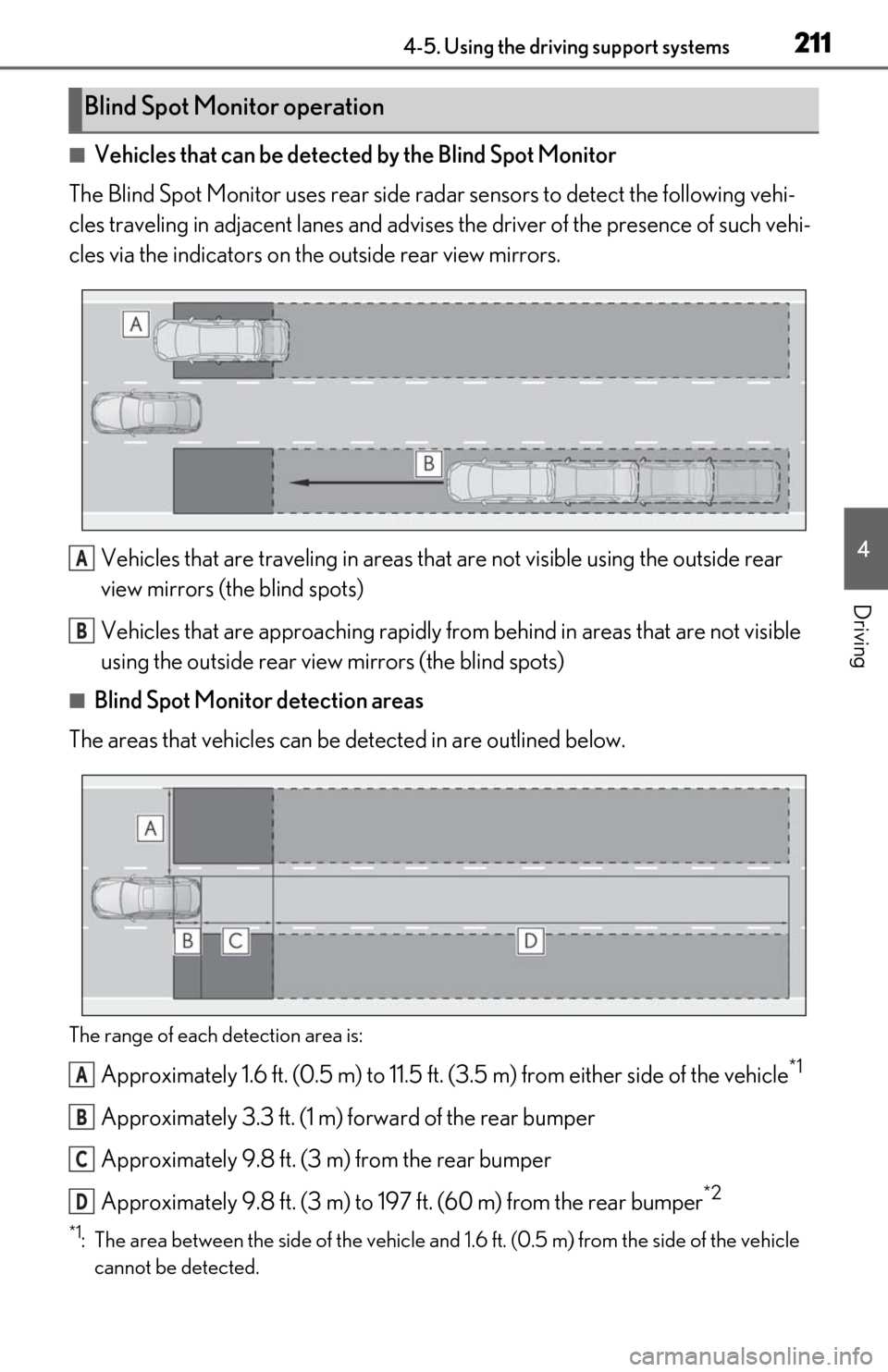 Lexus ES300h 2020 (OM06196U) Owners Guide 2114-5. Using the driving support systems
4
Driving
■Vehicles that can be detected by the Blind Spot Monitor
The Blind Spot Monitor uses rear side ra dar sensors to detect the following vehi-
cles t Lexus ES300h 2020 (OM06196U) Owners Guide 2114-5. Using the driving support systems
4
Driving
■Vehicles that can be detected by the Blind Spot Monitor
The Blind Spot Monitor uses rear side ra dar sensors to detect the following vehi-
cles t