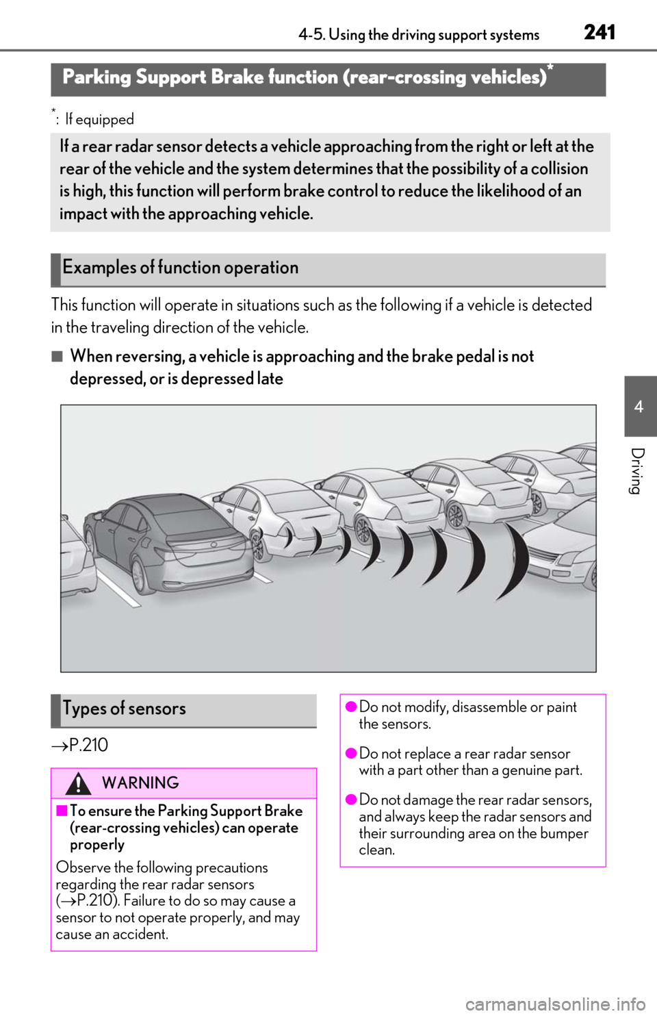 Lexus ES300h 2020   (OM06196U) User Guide 2414-5. Using the driving support systems
4
Driving
*: If equipped
This function will operate in situations such as the following if a vehicle is detected 
in the traveling direction of the vehicle.
�