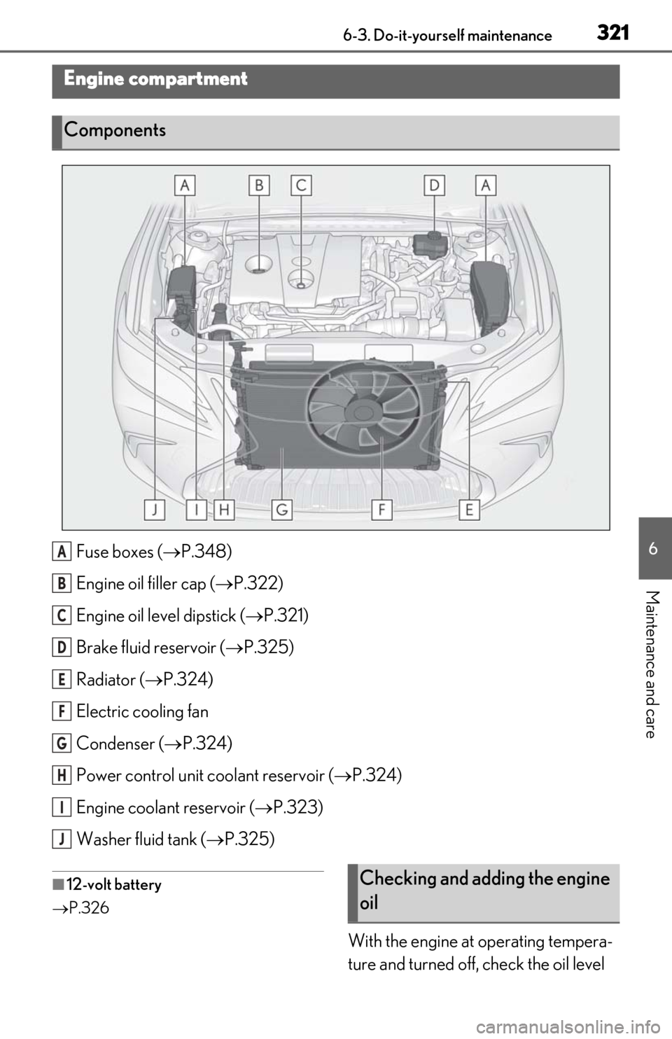 Lexus ES300h 2020 Owners Manual (OM06196U) 3216-3. Do-it-yourself maintenance
6
Maintenance and care
Fuse boxes (P.348)
Engine oil filler cap ( P.322)
Engine oil level dipstick ( P.321)
Brake fluid reservoir ( P.325)
Radiator ( Lexus ES300h 2020 Owners Manual (OM06196U) 3216-3. Do-it-yourself maintenance
6
Maintenance and care
Fuse boxes (P.348)
Engine oil filler cap ( P.322)
Engine oil level dipstick ( P.321)
Brake fluid reservoir ( P.325)
Radiator ( 