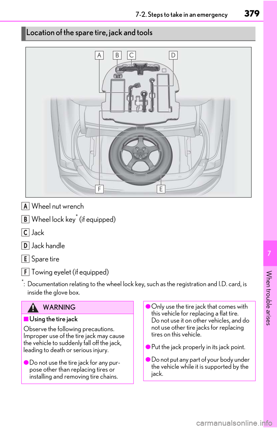 Lexus ES300h 2020   (OM06196U) Owners Guide 3797-2. Steps to take in an emergency
7
When trouble arises
Wheel nut wrench
Wheel lock key
* (if equipped)
Jack
Jack handle
Spare tire
Towing eyelet (if equipped)
*: Documentation relating to the whe
