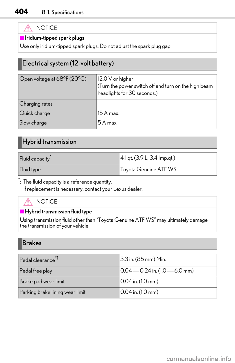 Lexus ES300h 2020 Owners Manual (OM06196U) 4048-1. Specifications
*: The fluid capacity is a reference quantity.If replacement is necessary, contact your Lexus dealer. NOTICE
■Iridium-tipped spark plugs
Use only iridium-tipped spark plugs. D Lexus ES300h 2020 Owners Manual (OM06196U) 4048-1. Specifications
*: The fluid capacity is a reference quantity.If replacement is necessary, contact your Lexus dealer. NOTICE
■Iridium-tipped spark plugs
Use only iridium-tipped spark plugs. D