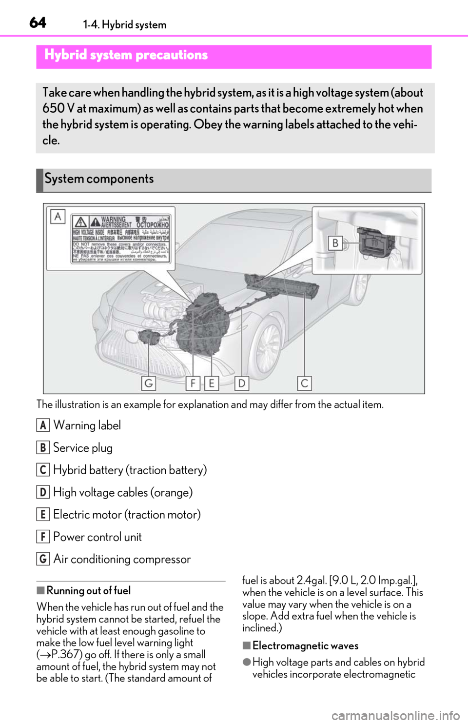 Lexus ES300h 2020  Owners Manual (OM06196U) 641-4. Hybrid system
The illustration is an example for explanation and may differ from the actual item.
Warning label
Service plug
Hybrid battery (traction battery)
High voltage cables (orange)
Elect