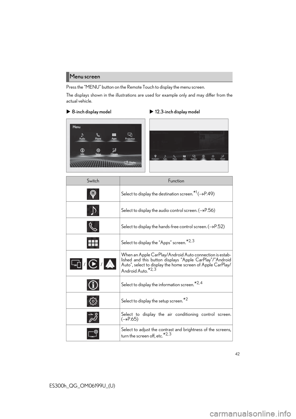 Lexus ES300h 2020 Owners Manual Quick Guide (OM06199U) 42
ES300h_QG_OM06199U_(U)
Press the “MENU” button on the Remote Touch to display the menu screen.
The displays shown in the illustrations are used for example only and may differ from the
actual v Lexus ES300h 2020 Owners Manual Quick Guide (OM06199U) 42
ES300h_QG_OM06199U_(U)
Press the “MENU” button on the Remote Touch to display the menu screen.
The displays shown in the illustrations are used for example only and may differ from the
actual v