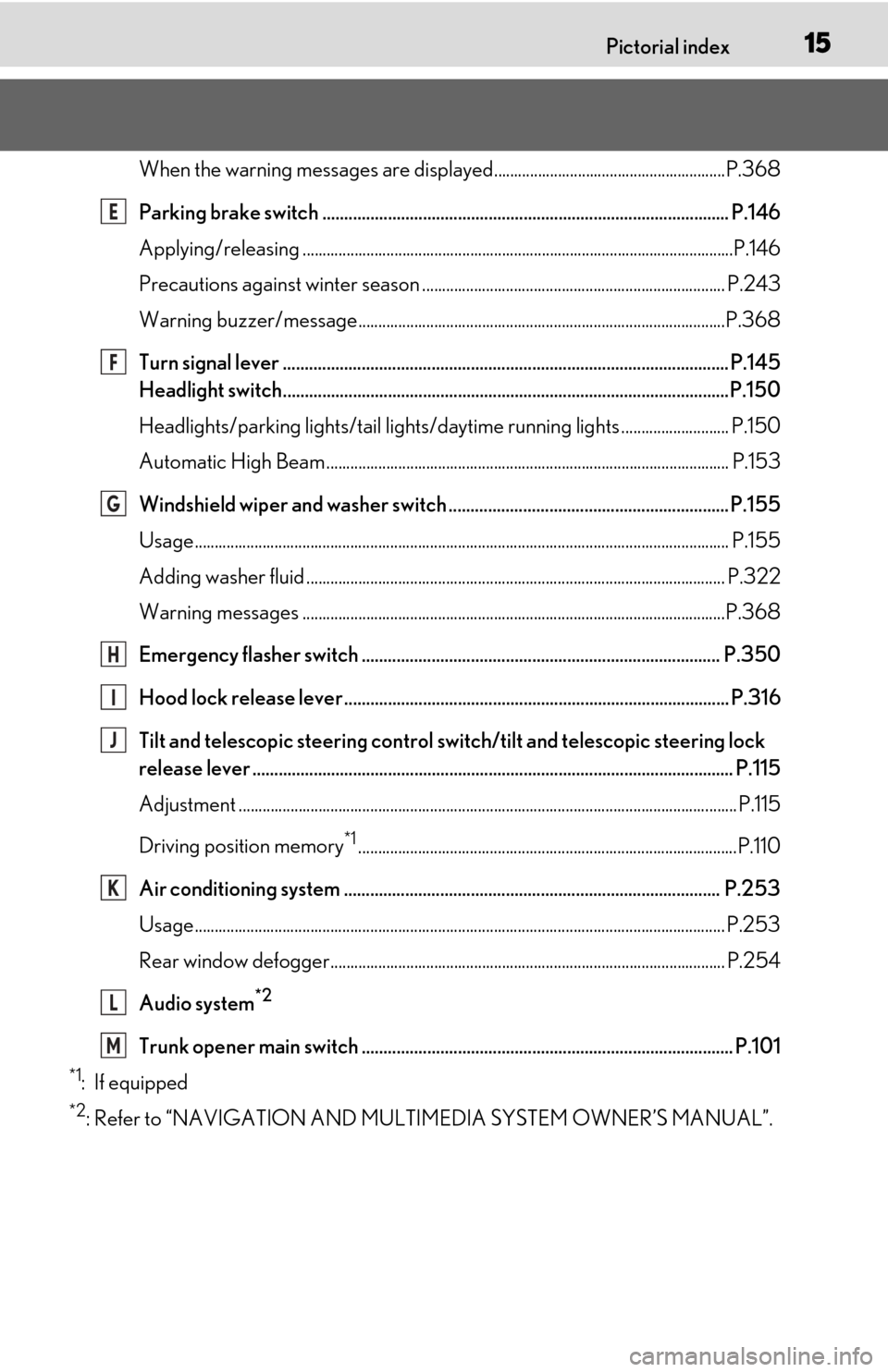 Lexus ES300h 2019  Owners Manual (OM06178U) 15Pictorial index
When the warning messages are displayed..........................................................P.368
Parking brake switch ..........................................................