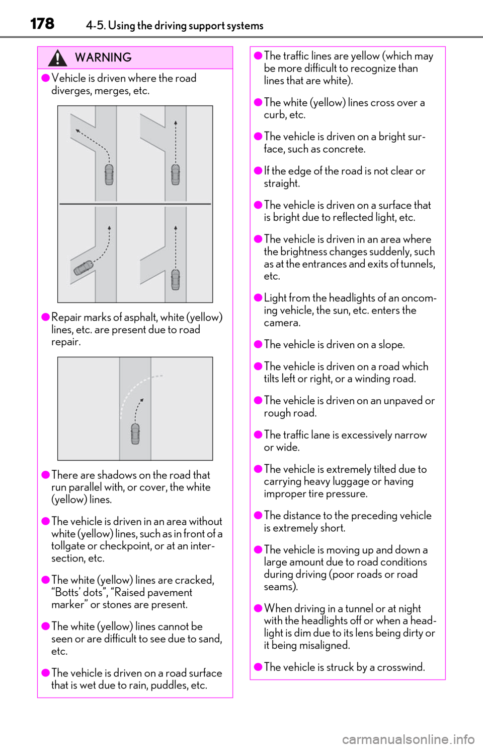 Lexus ES300h 2019  Owners Manual (OM06178U) 1784-5. Using the driving support systems
WARNING
●Vehicle is driven where the road 
diverges, merges, etc.
●Repair marks of asphalt, white (yellow) 
lines, etc. are present due to road 
repair.
�