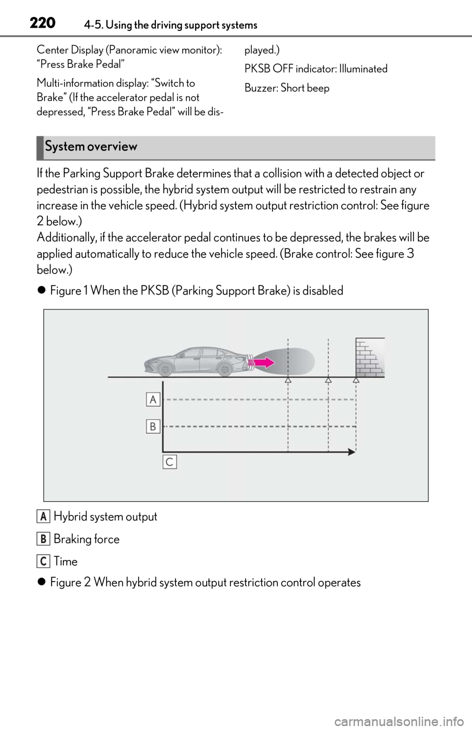 Lexus ES300h 2019  Owners Manual (OM06178U) 2204-5. Using the driving support systems
Center Display (Panoramic view monitor): 
“Press Brake Pedal”
Multi-information display: “Switch to 
Brake” (If the accelerator pedal is not 
depresse