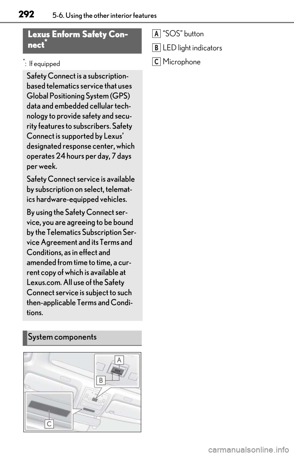 Lexus ES300h 2019  Owners Manual (OM06178U) 2925-6. Using the other interior features
*:If equipped
“SOS” button
LED light indicators
MicrophoneLexus Enform Safety Con-
nect*
Safety Connect is a subscription-
based telematics service that u