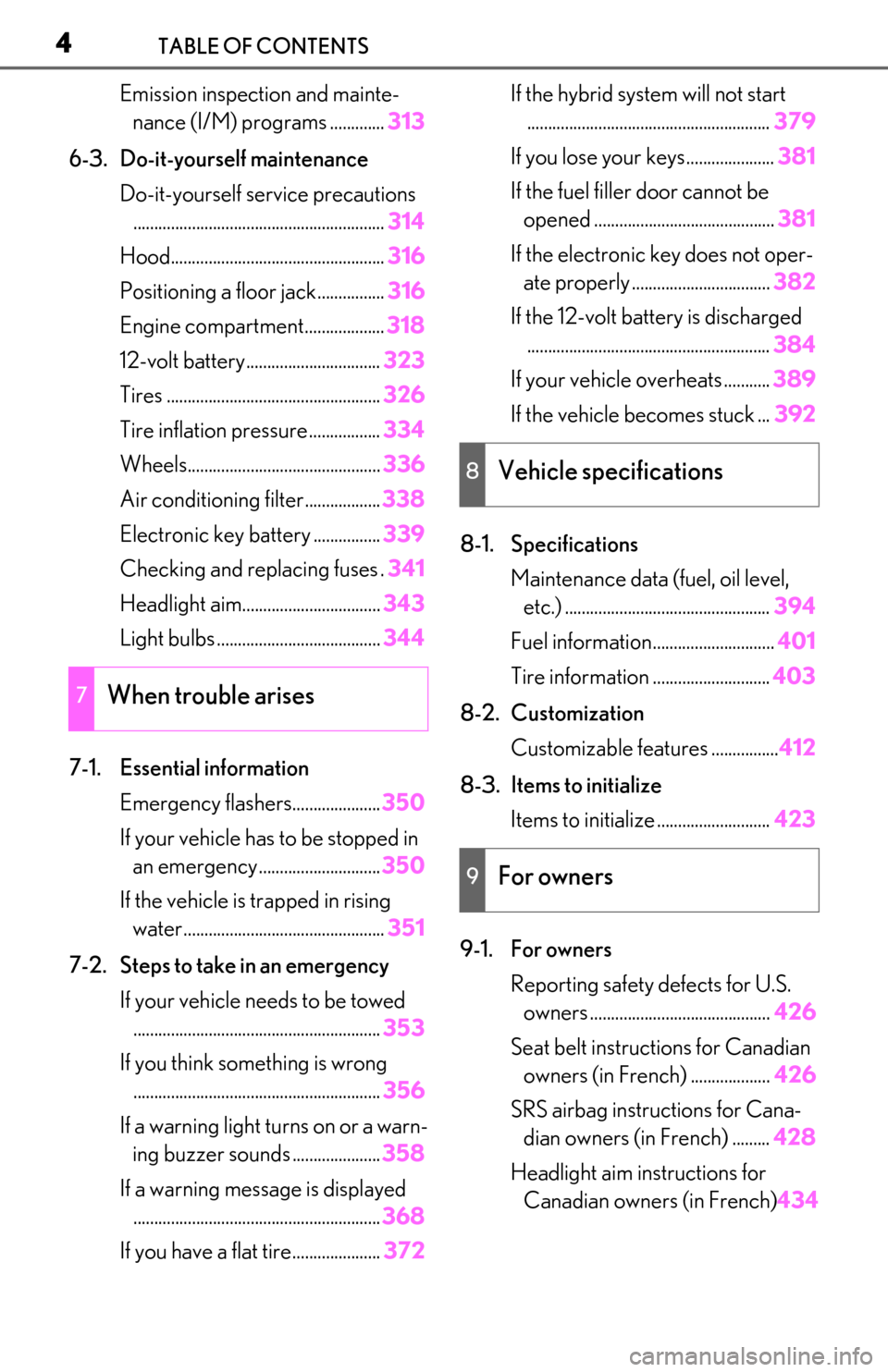 Lexus ES300h 2019  Owners Manual (OM06178U) 4TABLE OF CONTENTS
Emission inspection and mainte-nance (I/M) programs ............. 313
6-3. Do-it-yourself maintenance Do-it-yourself service precautions.............................................