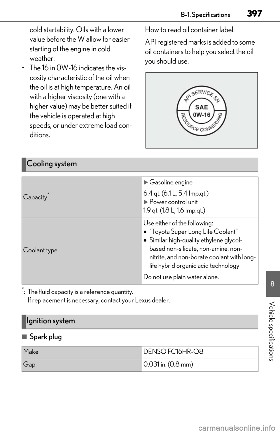 Lexus ES300h 2019  Owners Manual (OM06178U) 3978-1. Specifications
8
Vehicle specifications
cold startability. Oils with a lower 
value before the W allow for easier 
starting of the engine in cold 
weather.
• The 16 in 0W-16 indicates the vi