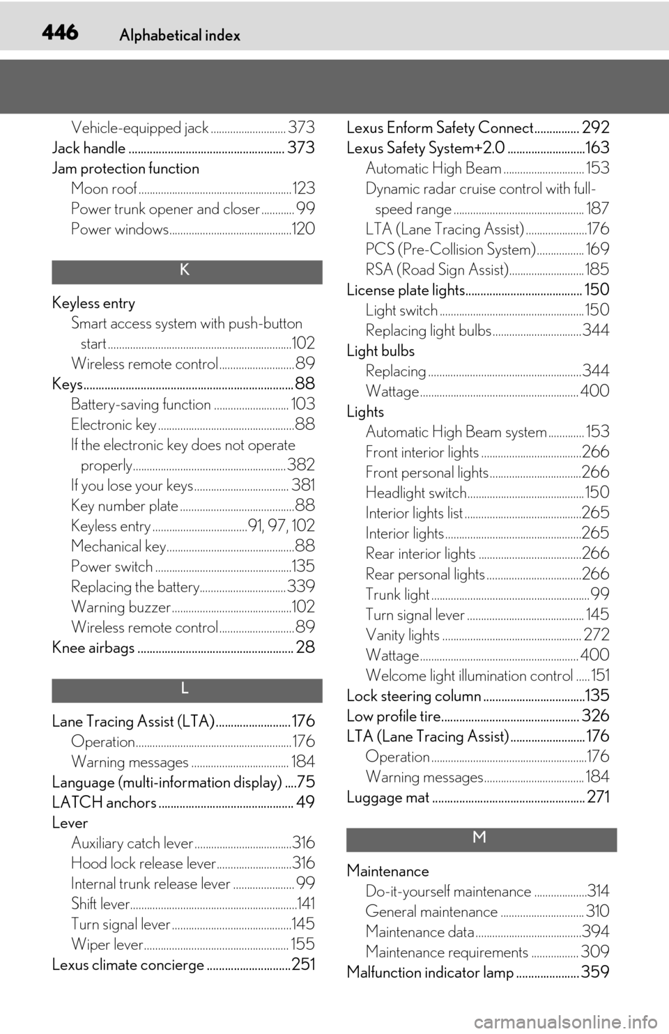 Lexus ES300h 2019  Owners Manual (OM06178U) 446Alphabetical index
Vehicle-equipped jack ........................... 373
Jack handle .................................................... 373
Jam protection function Moon roof .....................