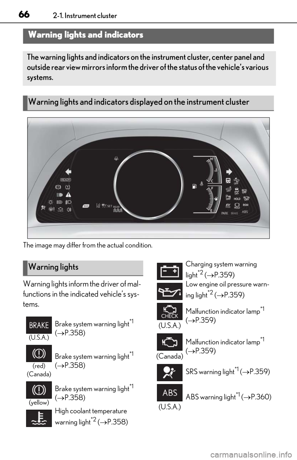 Lexus ES300h 2019  Owners Manual (OM06178U) 662-1. Instrument cluster
2-1.Instrument cluster
The image may differ from the actual condition.
Warning lights inform the driver of mal-
functions in the indicated vehicle’s sys-
tems.
Warning ligh