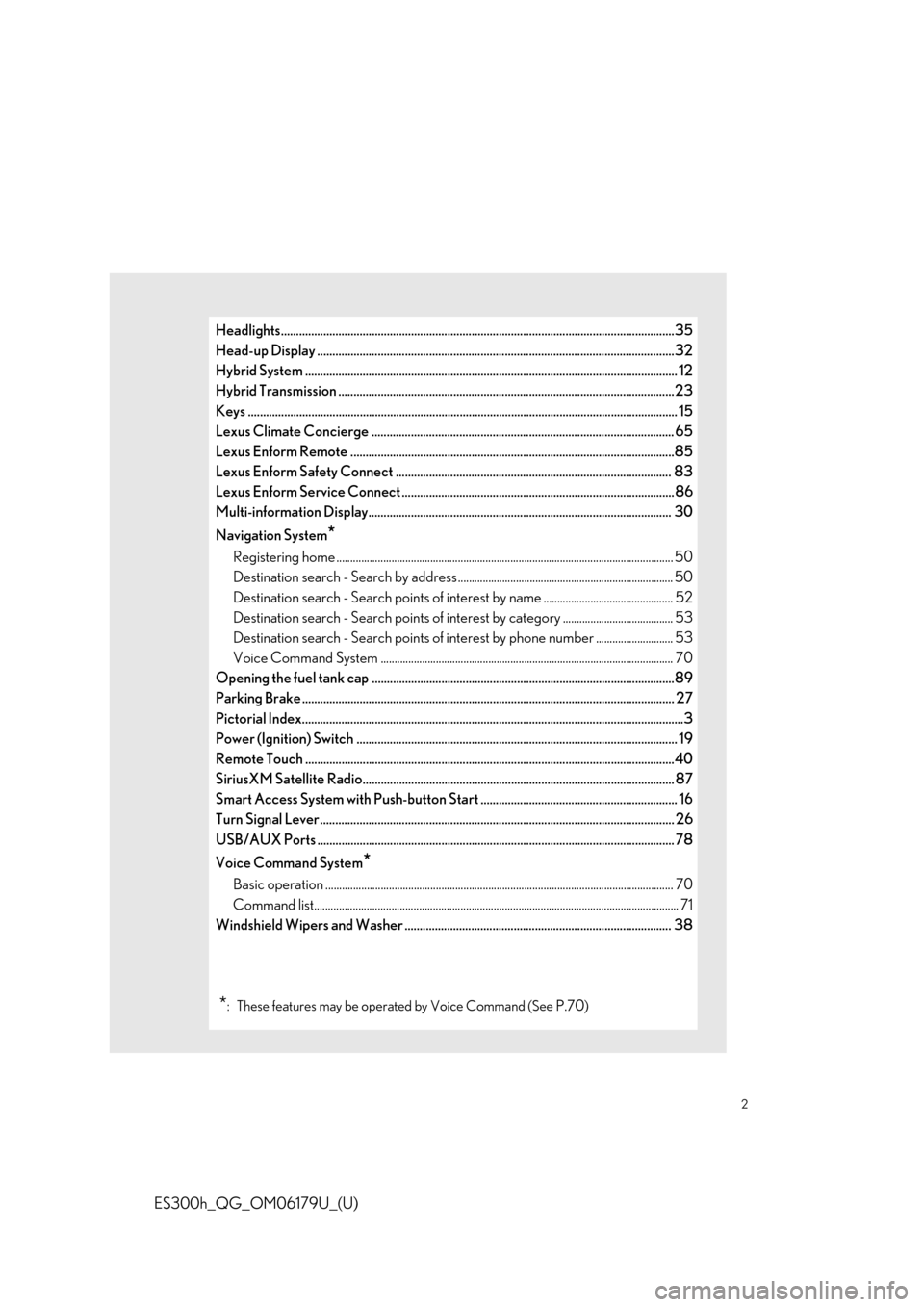 Lexus ES300h 2019 Owners Manual Quick Guide (OM06179U) 2
ES300h_QG_OM06179U_(U)
Headlights..................................................................................................................................35
Head-up Display ................ Lexus ES300h 2019 Owners Manual Quick Guide (OM06179U) 2
ES300h_QG_OM06179U_(U)
Headlights..................................................................................................................................35
Head-up Display ................