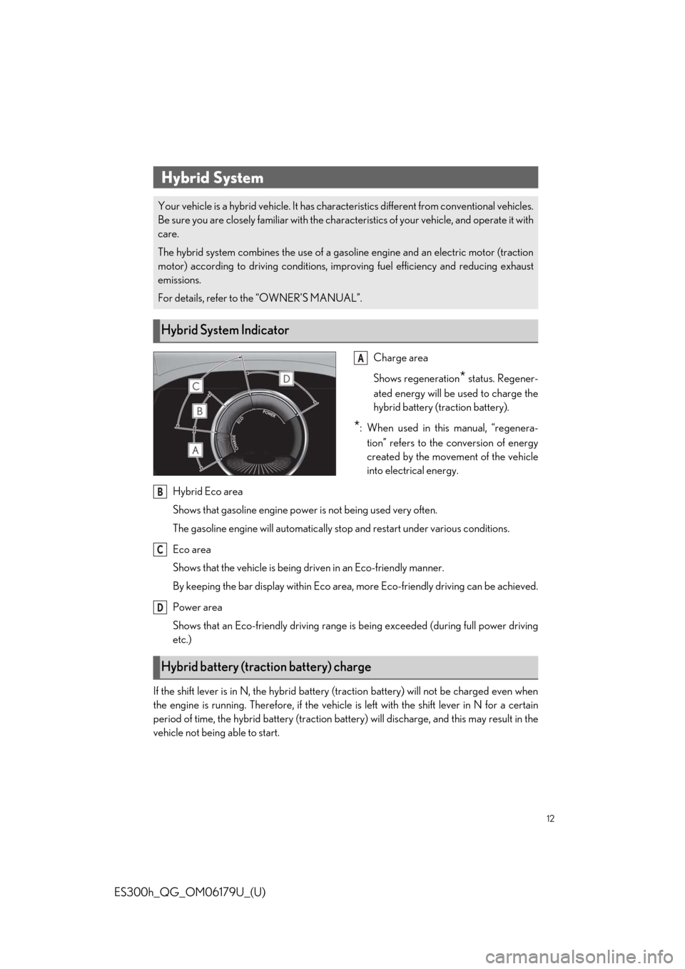 Lexus ES300h 2019 Owners Manual Quick Guide (OM06179U) 12
ES300h_QG_OM06179U_(U)
Charge area
Shows regeneration
* status. Regener-
ated energy will be used to charge the
hybrid battery (traction battery).
*: When used in this manual, “regenera-
tion” Lexus ES300h 2019 Owners Manual Quick Guide (OM06179U) 12
ES300h_QG_OM06179U_(U)
Charge area
Shows regeneration
* status. Regener-
ated energy will be used to charge the
hybrid battery (traction battery).
*: When used in this manual, “regenera-
tion”