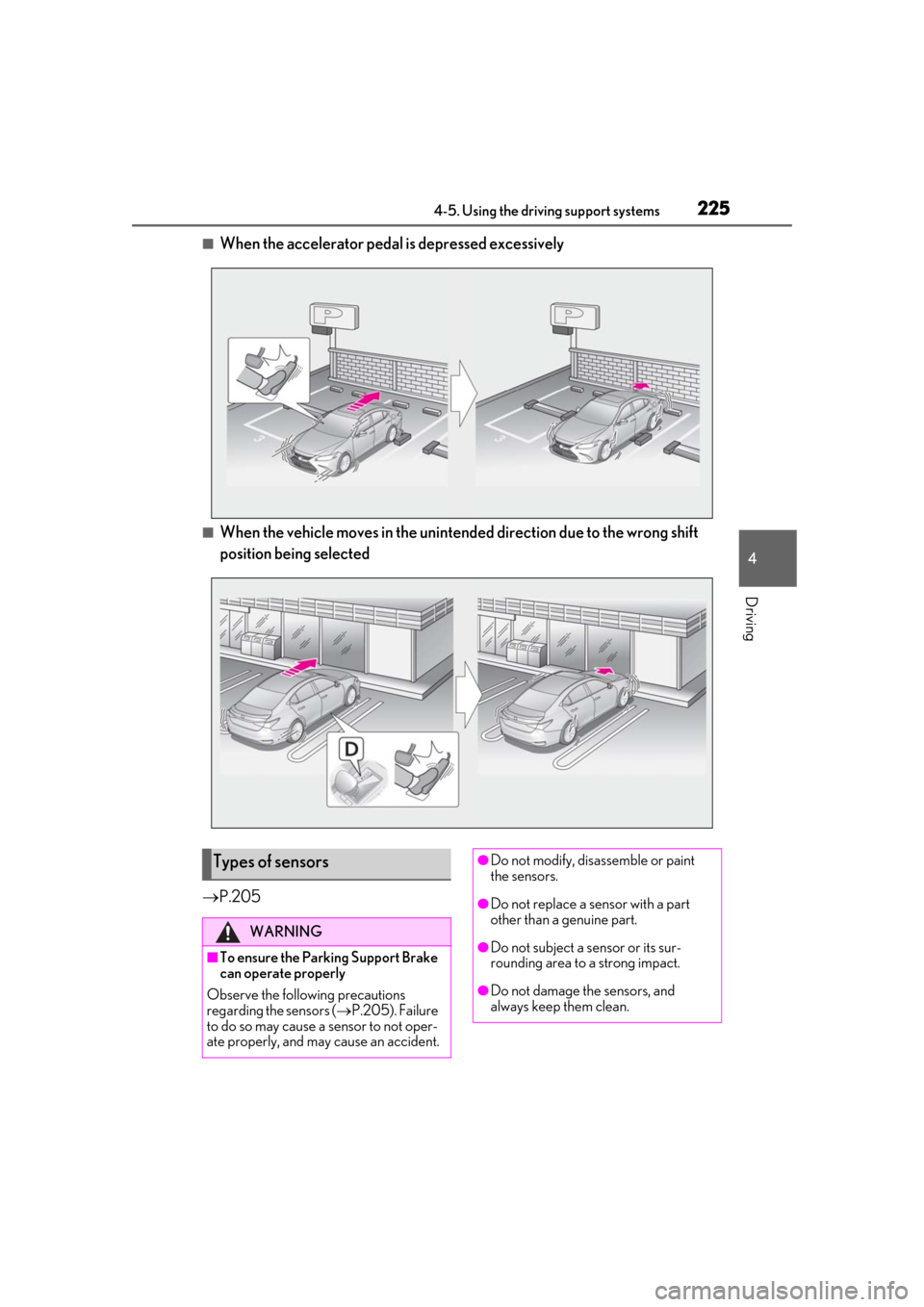 Lexus ES300h 2019 Owners Manual (OM33D00U) 2254-5. Using the driving support systems
4
Driving
■When the accelerator pedal is depressed excessively
■When the vehicle moves in the unintend ed direction due to the wrong shift
position being Lexus ES300h 2019 Owners Manual (OM33D00U) 2254-5. Using the driving support systems
4
Driving
■When the accelerator pedal is depressed excessively
■When the vehicle moves in the unintend ed direction due to the wrong shift
position being