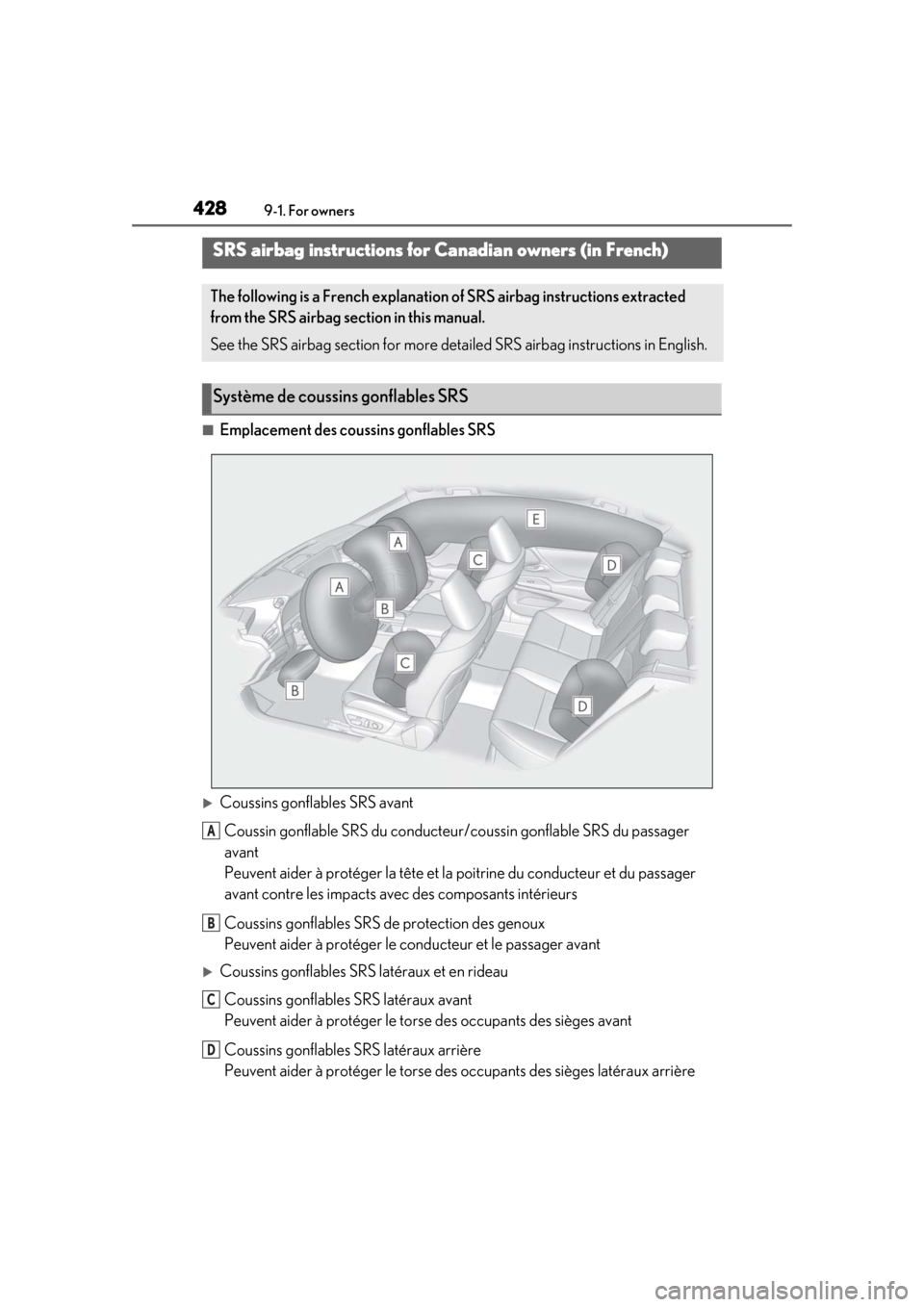 Lexus ES300h 2019  Owners Manual (OM33D00U) 4289-1. For owners
■Emplacement des coussins gonflables SRS
Coussins gonflables SRS avant
Coussin gonflable SRS du conducteur /coussin gonflable SRS du passager 
avant
Peuvent aider à protéger 