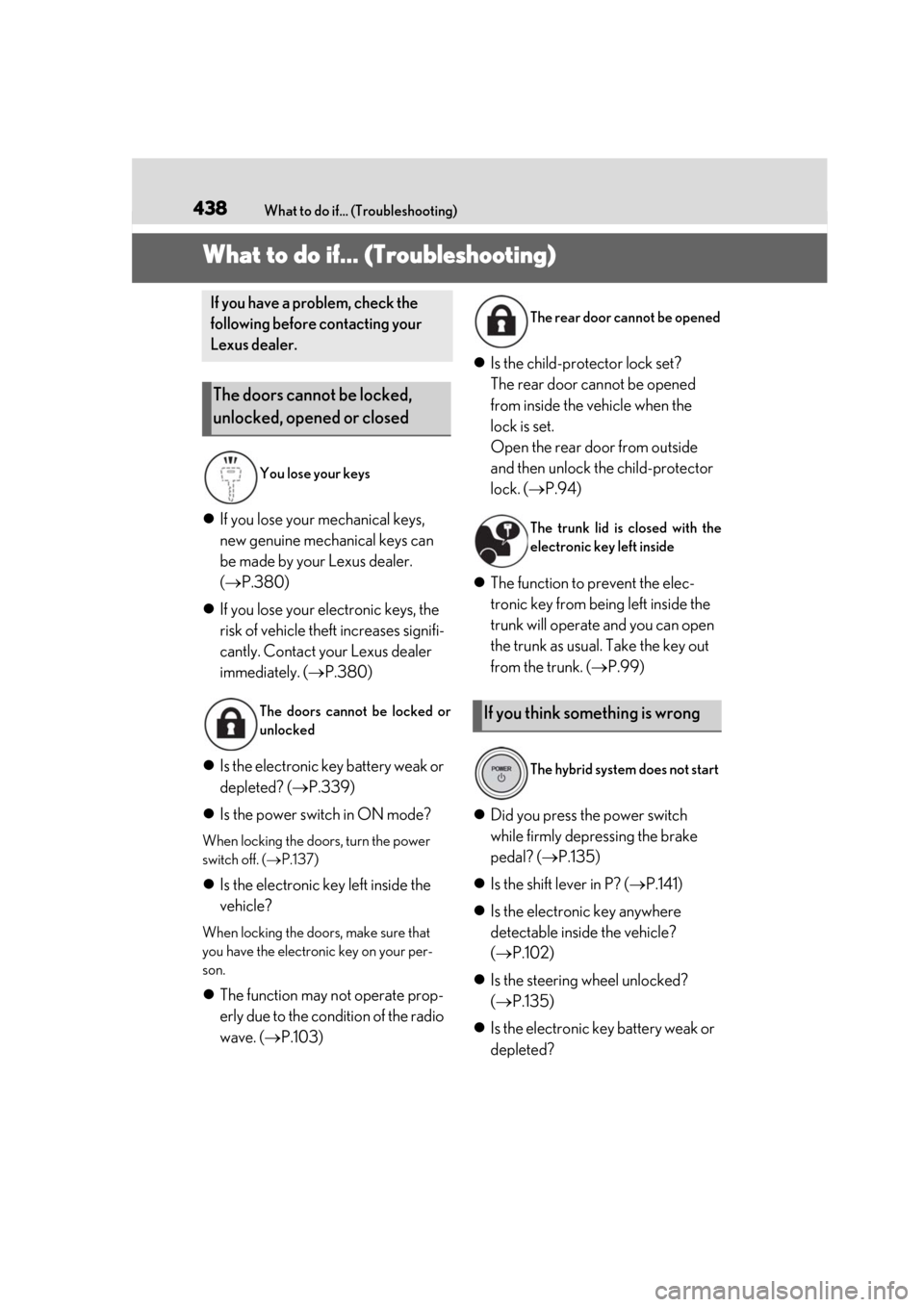 Lexus ES300h 2019  Owners Manual (OM33D00U) 438What to do if... (Troubleshooting)
1-1.What to do if... (Troubleshooting)What to do if... (Troubleshooting)
If you lose your mechanical keys, 
new genuine mechanical keys can 
be made by your Le