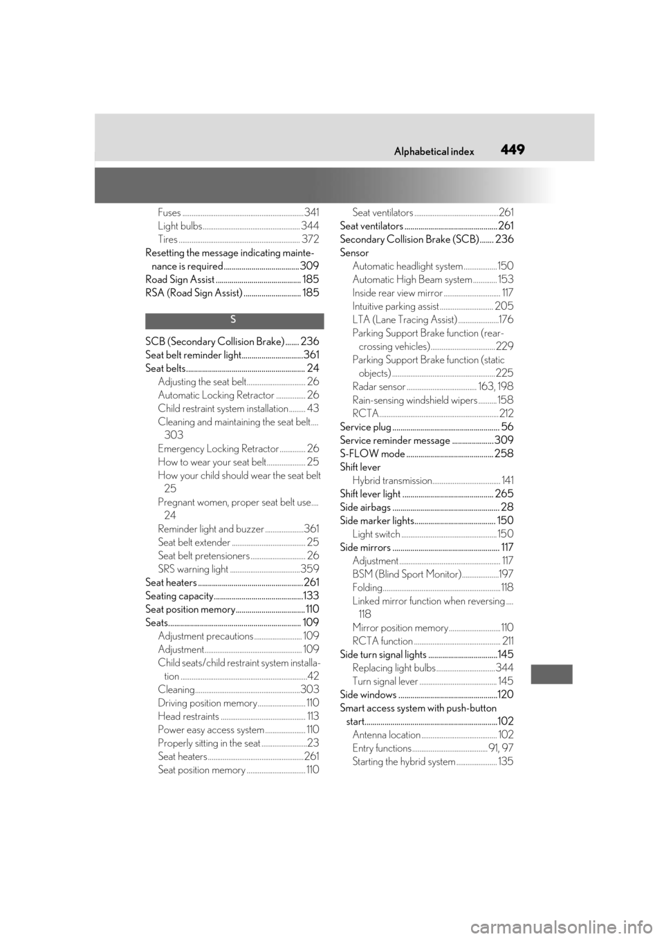 Lexus ES300h 2019 Owners Manual (OM33D00U) 449What to do if... (Troubleshooting)Alphabetical index449
Fuses ..................................................................341
Light bulbs..................................................... Lexus ES300h 2019 Owners Manual (OM33D00U) 449What to do if... (Troubleshooting)Alphabetical index449
Fuses ..................................................................341
Light bulbs.....................................................