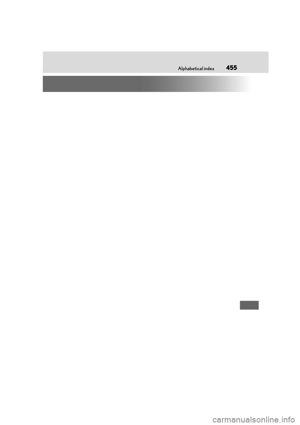 Lexus ES300h 2019  Owners Manual (OM33D00U) 455What to do if... (Troubleshooting)Alphabetical index455 