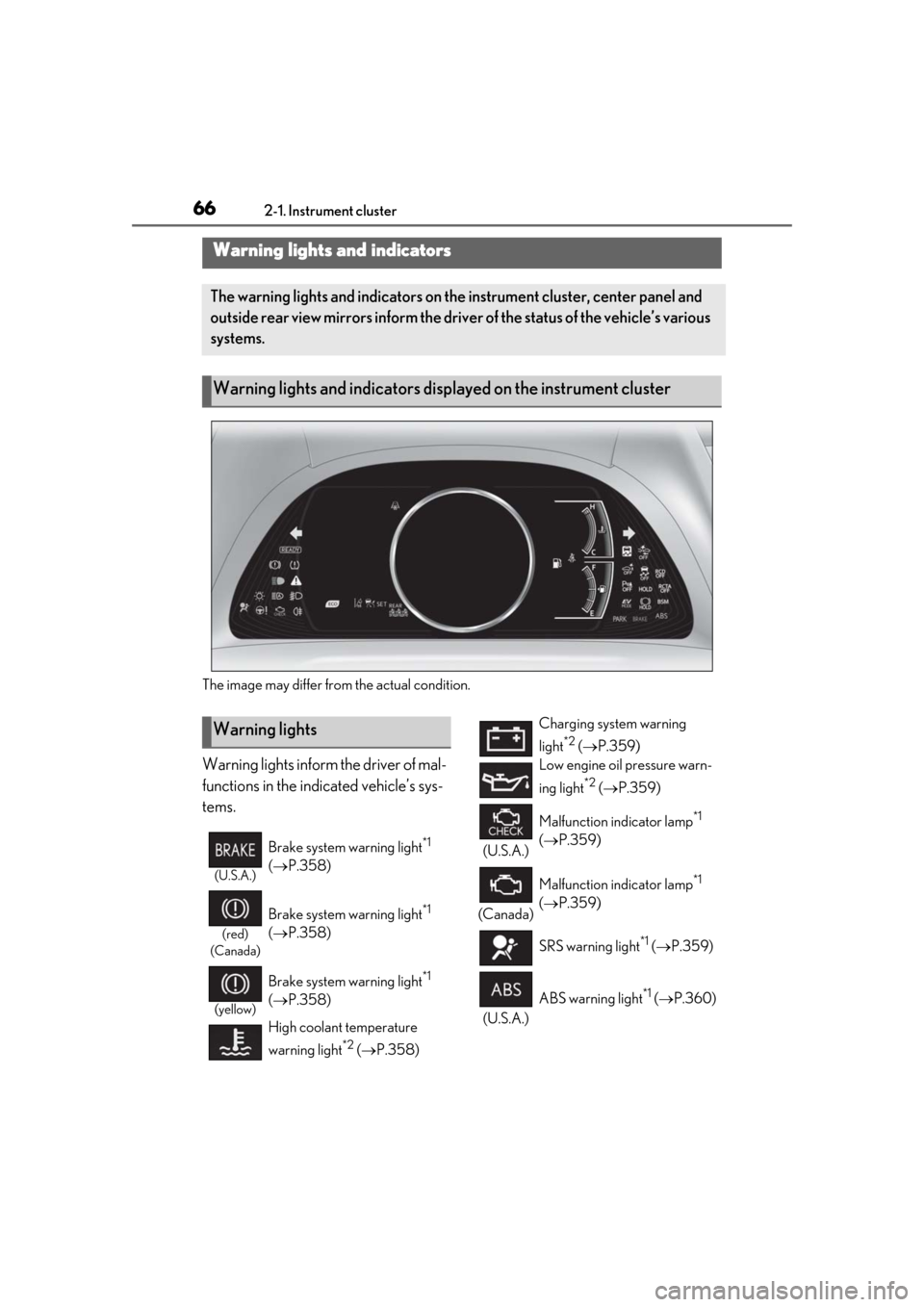 Lexus ES300h 2019  Owners Manual (OM33D00U) 662-1. Instrument cluster
2-1.Instrument cluster
The image may differ from the actual condition.
Warning lights inform the driver of mal-
functions in the indicated vehicle’s sys-
tems.
Warning ligh