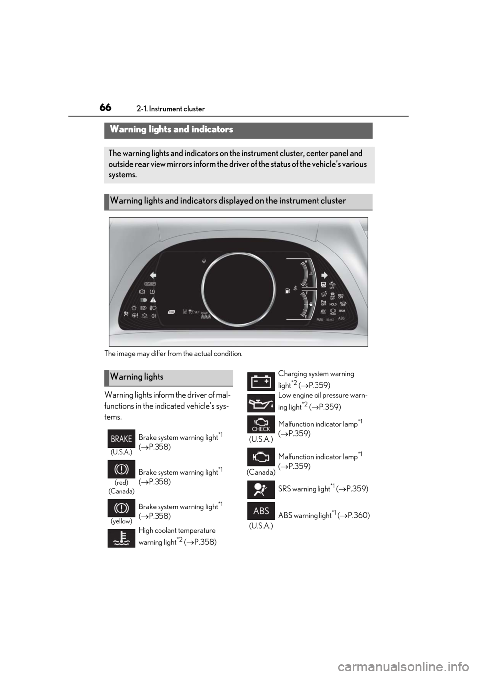 Lexus ES300h 2019   (OM33D00U) Repair Manual 662-1. Instrument cluster
2-1.Instrument cluster
The image may differ from the actual condition.
Warning lights inform the driver of mal-
functions in the indicated vehicle’s sys-
tems.
Warning ligh