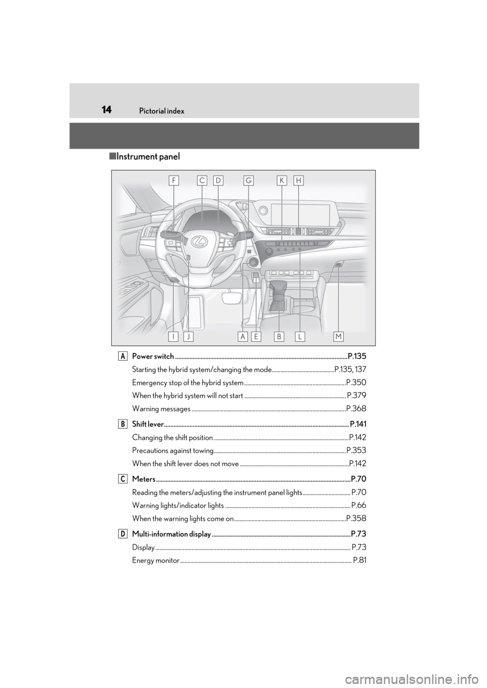 Lexus ES300h 2019 (OM33E25U) User Guide 14Pictorial index
■Instrument panel
Power switch ............................................................................................................P.135
Starting the hybrid system/changing Lexus ES300h 2019 (OM33E25U) User Guide 14Pictorial index
■Instrument panel
Power switch ............................................................................................................P.135
Starting the hybrid system/changing
