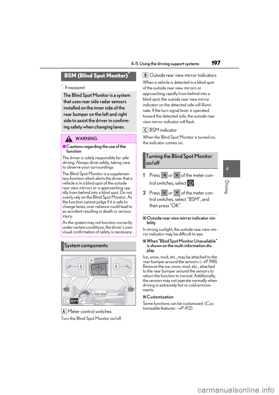 Lexus ES300h 2019 Owners Manual (OM33E25U) 1974-5. Using the driving support systems
4
Driving
*: If equipped
Meter control switches
Turn the Blind Spot Monitor on/off.
Outside rear view mirror indicators
When a vehicle is detected in a blind Lexus ES300h 2019 Owners Manual (OM33E25U) 1974-5. Using the driving support systems
4
Driving
*: If equipped
Meter control switches
Turn the Blind Spot Monitor on/off.
Outside rear view mirror indicators
When a vehicle is detected in a blind