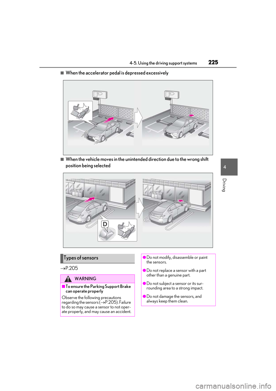 Lexus ES300h 2019 Owners Manual (OM33E25U) 2254-5. Using the driving support systems
4
Driving
■When the accelerator pedal is depressed excessively
■When the vehicle moves in the unintended direction due to the wrong shift
position being Lexus ES300h 2019 Owners Manual (OM33E25U) 2254-5. Using the driving support systems
4
Driving
■When the accelerator pedal is depressed excessively
■When the vehicle moves in the unintended direction due to the wrong shift
position being