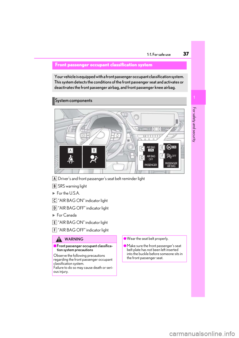 Lexus ES300h 2019   (OM33E25U) Owners Guide 371-1. For safe use
1
For safety and security
Driver’s and front passenger’s seat belt reminder light
SRS warning light
For the U.S.A.“AIR BAG ON” indicator light
“AIR BAG OFF” indicato