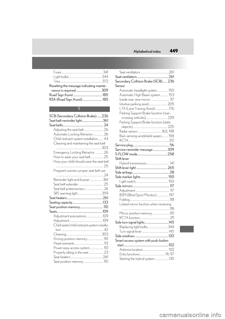 Lexus ES300h 2019  Owners Manual (OM33E25U) 449What to do if... (Troubleshooting)Alphabetical index449
Fuses ..................................................................341
Light bulbs..................................................... 