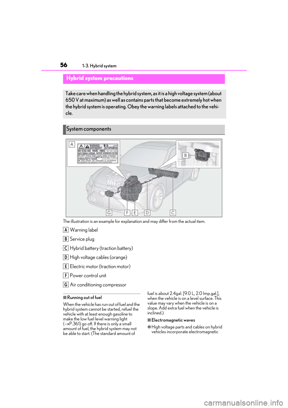 Lexus ES300h 2019  Owners Manual (OM33E25U) 561-3. Hybrid system
The illustration is an example for explanation and may differ from the actual item.
Warning label
Service plug
Hybrid battery (traction battery)
High voltage cables (orange)
Elect