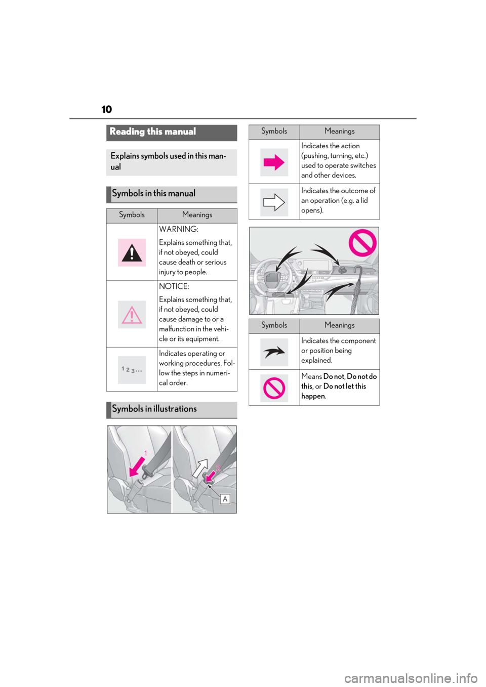 Lexus ES300h 2019 Owners Manual (OM33E25U) 10
Reading this manual
Explains symbols used in this man-
ual
Symbols in this manual
SymbolsMeanings
WARNING:
Explains something that,
if not obeyed, could
cause death or serious
injury to people.
Lexus ES300h 2019 Owners Manual (OM33E25U) 10
Reading this manual
Explains symbols used in this man-
ual
Symbols in this manual
SymbolsMeanings
WARNING:
Explains something that,
if not obeyed, could
cause death or serious
injury to people.