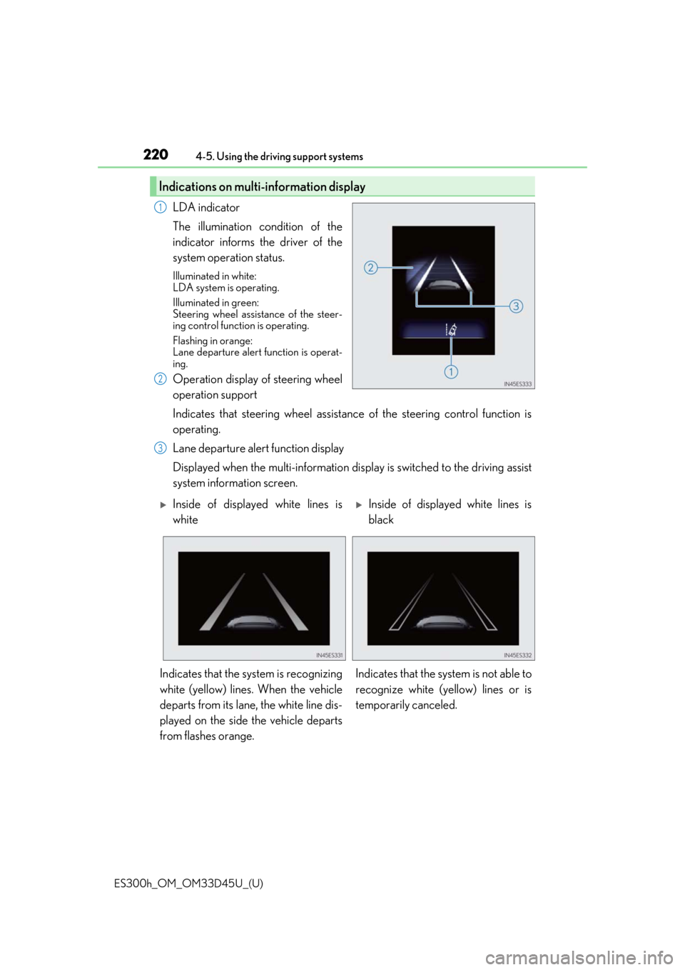 Lexus ES300h 2018  Owners Manual (OM33D45U) 220
ES300h_OM_OM33D45U_(U)4-5. Using the driving support systems
LDA indicator
The illumination condition of the
indicator informs the driver of the
system operation status.
Illuminated in white: 
LDA