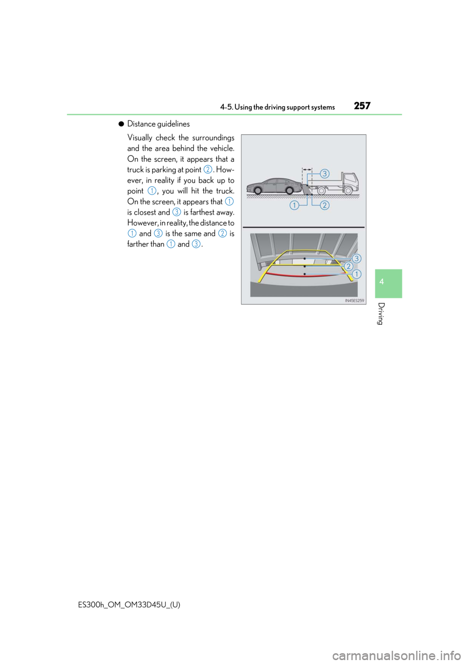Lexus ES300h 2018  Owners Manual (OM33D45U) ES300h_OM_OM33D45U_(U)
2574-5. Using the driving support systems
4
Driving
●Distance guidelines
Visually check the surroundings
and the area behind the vehicle.
On the screen, it appears that a
truc